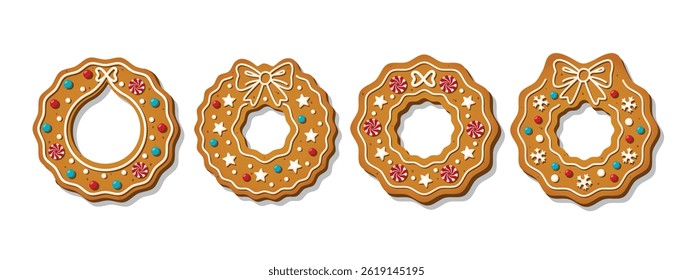 Christmas Gingerbread cookies in xmas wreath shapes. Winter homemade cakes in festive shapes isolated on white background. Cute childish cartoon vector illustration