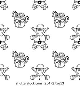 Christmas gingerbread in cowboy hat black outline seamless pattern. Western floral illustration.