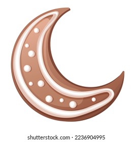 Christmas gingerbread crescent moon. New Year's sweets. Sweet Christmas Traditional Cookie.Vector illustration of winter food. Eps10 vector collection.Happy holidays flat style.Nice decorated biscuits