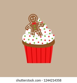 Christmas, gingerbread cupcake vector illustration icon. Cute cupcake decorated with whipped cream frosting, round sprinkles and gingerbread man cookie. Isolated on beige background.