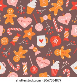 Christmas gingerbread, cupcakes, candy and Christmas toys, berries, vector seamless pattern in flat style