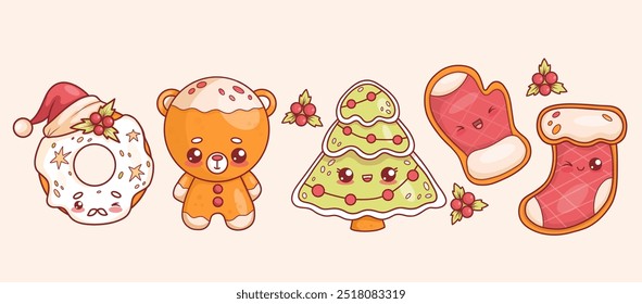 Christmas gingerbread. Cute bear, Xmas boot and mitten, tree and donut with glaze in Santa hat. Isolated traditional holiday kawaii cartoon characters sweets. Vector illustration