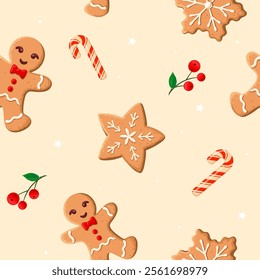 Christmas gingerbread decorated cookies. Christmas tree, snowflakes, gifts. Winter holidays.