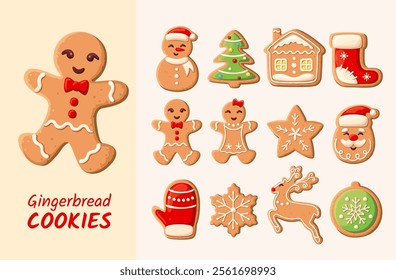 Christmas gingerbread decorated cookies. Christmas tree, snowflakes, gifts. Winter holidays.