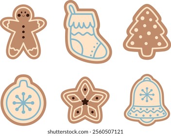 Christmas gingerbread of different shapes set. Gingerbread man, Christmas tree, Christmas stocking symbols of winter holidays.