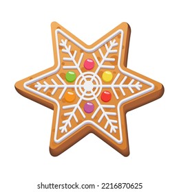 Christmas gingerbread. Festive sweet cookies in the form of a star decorated with sugar icing and marmalade. Isolated vector illustration.