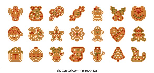 Christmas gingerbread flat icons set. xmas cookies sign isolated on white. Home backing sweet food. Ginger biscuit, bell, deer, man. Simple holiday icon, gingerbread symbol. Vector illustration