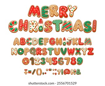 Christmas gingerbread font, x mas typeface, new year type, English pastry alphabet. Festive abc characters decorated with icing, candy patterns and holiday colors. Letters, numbers and symbol cookies