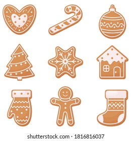 Christmas gingerbread, food for the winter holidays. Christmas tree, cane, heart, house, mitten, snowflake, sock, new year's ball, gingerbread man.