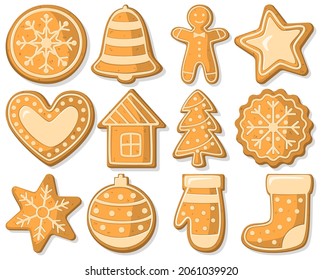 Christmas gingerbread, food for the winter holidays. Cartoon style. A set of figures for New Year's baking. Vector image, illustration