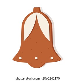 Christmas gingerbread in the form of a bell. Delicious New Year's dessert, festive curly cookies with icing.