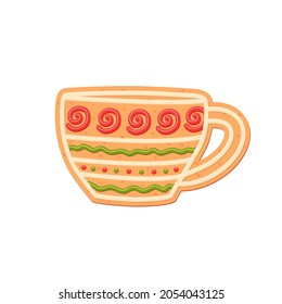Christmas gingerbread in the form of cup. Sweet baking with white, green and red glaze. Holidays. Isolated vector stock illustration EPS 10 on white background.