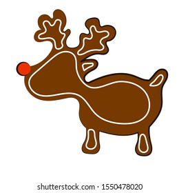 Christmas gingerbread in the form of a deer Isolated on a white background. Delicious, original, brown gingerbread with white icing. Gingerbread Vector Illustration