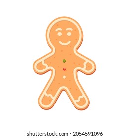 Christmas gingerbread in the form of man. Sweet baking with white, green and red glaze. Holidays. Isolated vector stock illustration EPS 10 on white background.