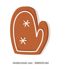 Christmas gingerbread in the form of a mitten. Delicious New Year's dessert, festive curly cookies with icing.