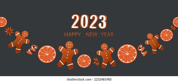 Christmas gingerbread in the form of the number 2023. Garland with gingerbread man, orange, anise.Christmas and New Year web banner, postcard.Background Happy New Year.