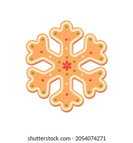 Christmas gingerbread in the form of snowflake. Sweet flake of snow. Baking with white, green and red glaze. Holidays. Isolated vector stock illustration EPS 10 on white background.