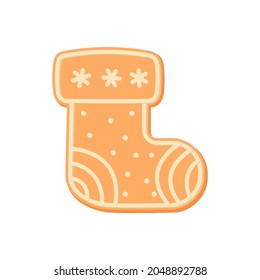 Christmas gingerbread in the form of stocking. Sweet Christmas sock. Baking with glaze. Holidays. Isolated vector stock illustration EPS 10 on white background.