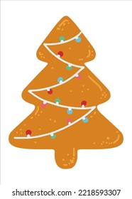 Christmas gingerbread in the form of a Christmas tree. Cookies decorated with sugar icing. Traditional holiday design. New Year's cookies.