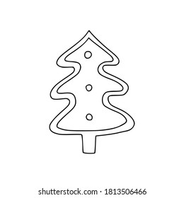 Pan de jengibre de Navidad en forma de árbol de Navidad. Concepto festivo de invierno. Estilo Doodle. Ilustración vectorial en el fondo aislado. Para imprimir en tela, postales, web.