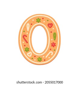 Weihnachtsbrot in Form von Zero. 0. Süßes Backen mit weißer, grüner und roter Glasur. Feiertage. Einzige Vektorgrafik EPS10 auf weißem Hintergrund.