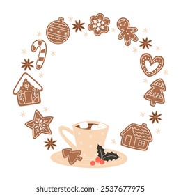 Christmas gingerbread frame with hot drink