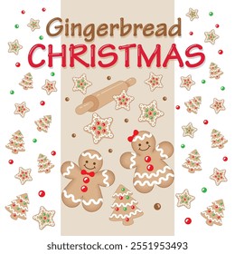 Christmas Gingerbread Fun Vintage Isolated Pattern with Candy Mint, star, tree Bread and Gingerbread Christmas Text, Natural Background-Christmas Vector Illustration