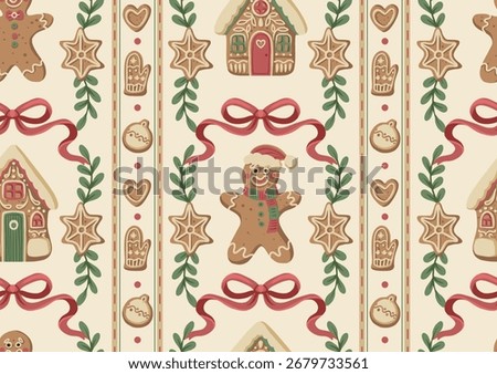 Christmas gingerbread gingerman bow seamless pattern with cookies stars hearts mittens holiday decoration.