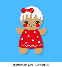 Christmas Gingerbread girl in a red dress with white polka dots with a red bow on blue background. Cute cartoon kawaii vector illustration.