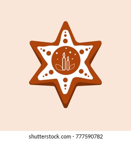 Christmas gingerbread with glaze, decorative star with ornament. Cookies sweets, new year's gift, children holiday. Merry Christmas, new year. Delicious biscuits. Vector illustration.