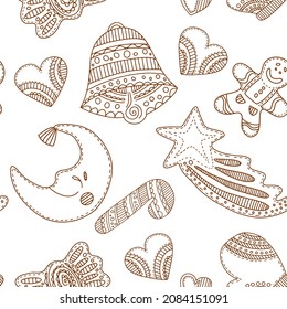 Christmas gingerbread hand drawn seamless pattern for New Year and Christmas