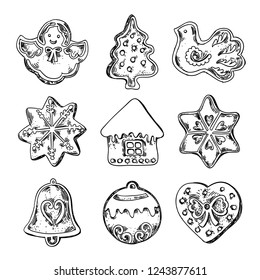 Christmas gingerbread hand sketched vector set on white background. Winter time sweet cookies for holidays celebration