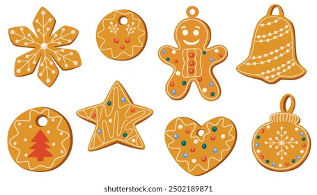 Christmas gingerbread, holiday cookies. Xmas ginger bread, biscuits coated with sugar icing, sweet glaze. Festive traditional bakery, dessert. Flat vector illustration isolated on white background