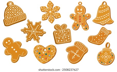 Christmas gingerbread, holiday cookies. Xmas ginger bread, biscuits coated with sugar icing, sweet glaze. Festive traditional bakery, dessert. Flat vector illustration isolated on white background