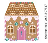 Christmas gingerbread house, candy house. Vector illustration. Christmas gingerbread house decorated with candy canes, icing and sprinkles. Christmas Cookies with Icing Glaze, Candy, Dragee