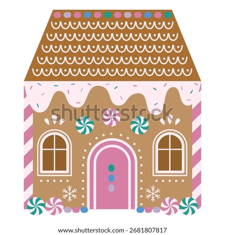 Christmas gingerbread house, candy house. Vector illustration. Christmas gingerbread house decorated with candy canes, icing and sprinkles. Christmas Cookies with Icing Glaze, Candy, Dragee