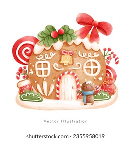 Christmas gingerbread house, candy house. Watercolor style, Vector illustration