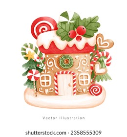 Christmas gingerbread house, candy house. Watercolor style, Vector illustration