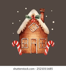 Christmas gingerbread house, candy house. Watercolor style, Vector illustration