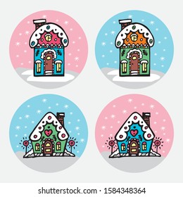 Christmas gingerbread house with colored elements. Sticker. Vector illustration.
