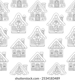 Christmas Gingerbread House Coloring Book Page Pattern. Anti stress coloring book for kids and adults. Winter holiday activity printable sheet. Black and white line art. Vector illustration.