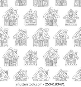 Christmas Gingerbread House Coloring Book Page Pattern. Anti stress coloring book for kids and adults. Winter holiday activity printable sheet. Black and white line art. Vector illustration.