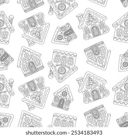 Christmas Gingerbread House Coloring Book Page Pattern. Anti stress coloring book for kids and adults. Winter holiday activity printable sheet. Black and white line art. Vector illustration.