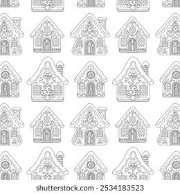 Christmas Gingerbread House Coloring Book Page Pattern. Anti stress coloring book for kids and adults. Winter holiday activity printable sheet. Black and white line art. Vector illustration.