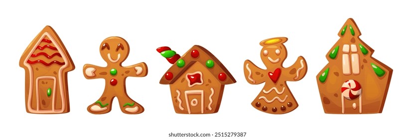 Ilustración de galletas de casa de jengibre de Navidades para vacaciones de invierno. Antiguas caramelo de jengibre con glaseado para Navidad. Conjunto de postre aislado de dibujos animados tradicionales de ángel, hombre y hogar. Hermoso dibujo de pastel de azúcar