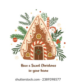 Christmas gingerbread house cookie isolated vector element. Tasty winter holiday dessert decorated fir tree branches. New Year food illustration. Baked Christmas concept for card, poster design.