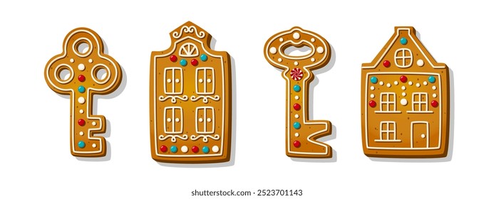 Christmas gingerbread house cookies in cartoon style isolated on white background. Sweet sugar biscuits in shape of Amsterdam buildings and keys. Traditional cakes and crackers. Vector illustration
