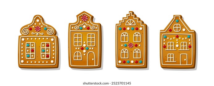 Navidades galletas de la casa de jengibre en estilo de dibujos animados aislados sobre fondo blanco. Galletas dulces de azúcar en forma de edificios de Ámsterdam. Pasteles y galletas tradicionales. Ilustración vectorial