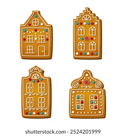 Christmas gingerbread house cookies in cartoon style isolated on white background. Sweet sugar biscuits in shape of Amsterdam buildings. Traditional cakes and crackers. Vector illustration