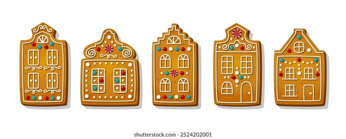 Navidades galletas de la casa de jengibre en estilo de dibujos animados aislados sobre fondo blanco. Galletas dulces de azúcar en forma de edificios de Ámsterdam. Pasteles y galletas tradicionales. Ilustración vectorial